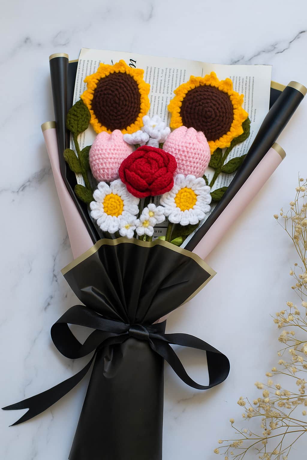 Bouquet of crocheted flowers on a book with a black ribbon on a marble background