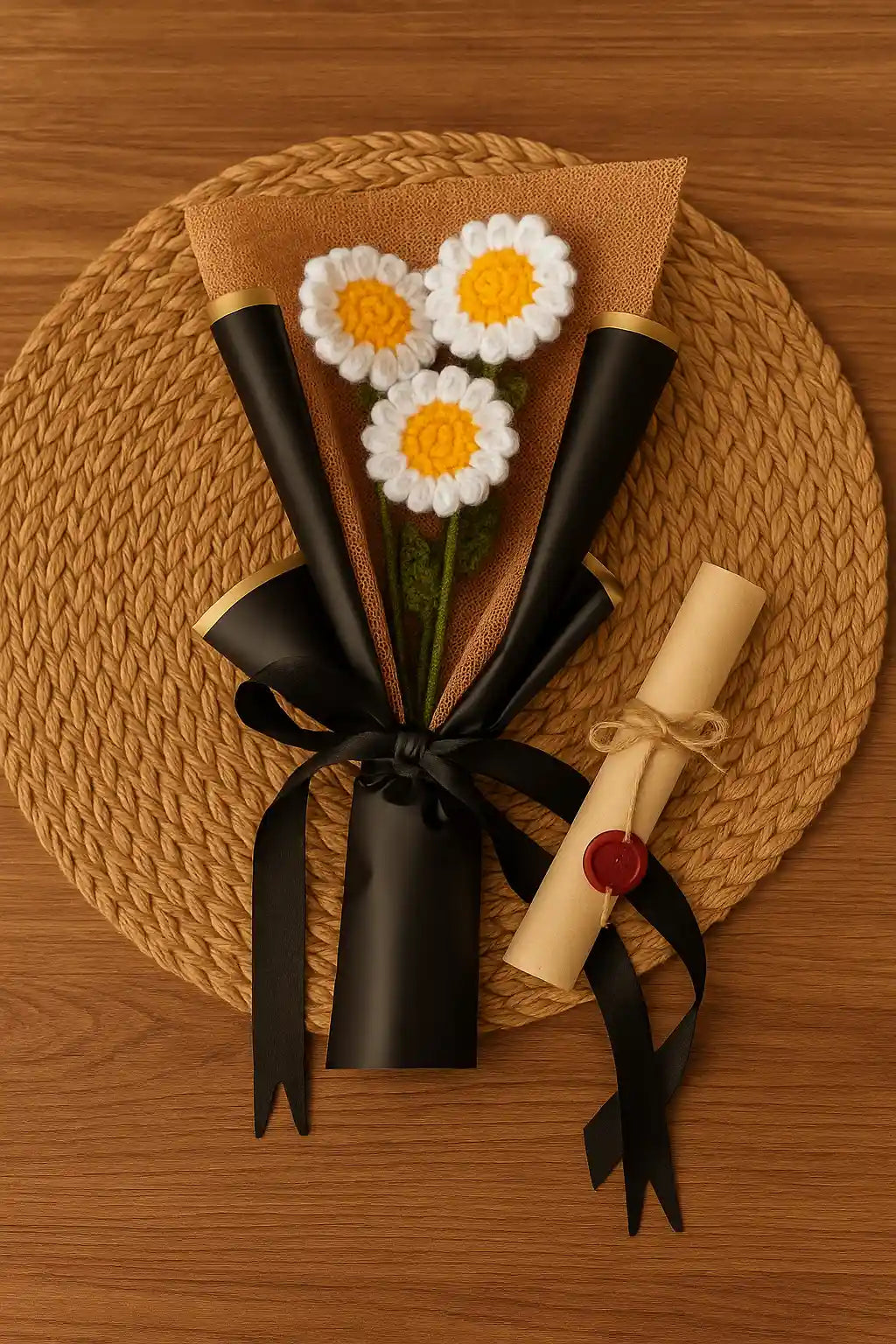 Mini crochet daisy bouquet with 3 small handmade white blooms – charming forever gift for birthdays, anniversaries, and home décor