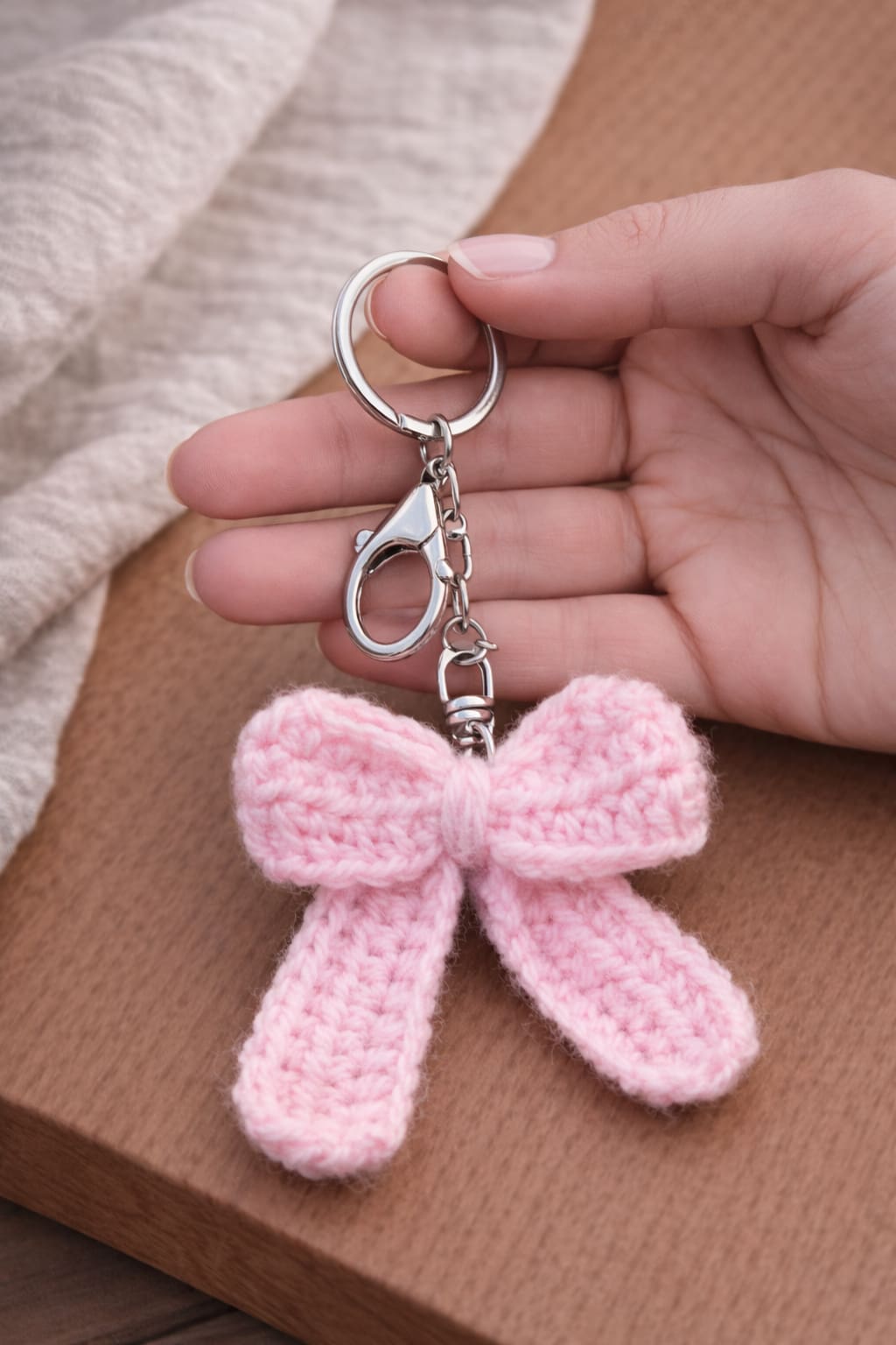 Handmade pink crochet bow keychain with long ribbon tails and silver lobster clasp