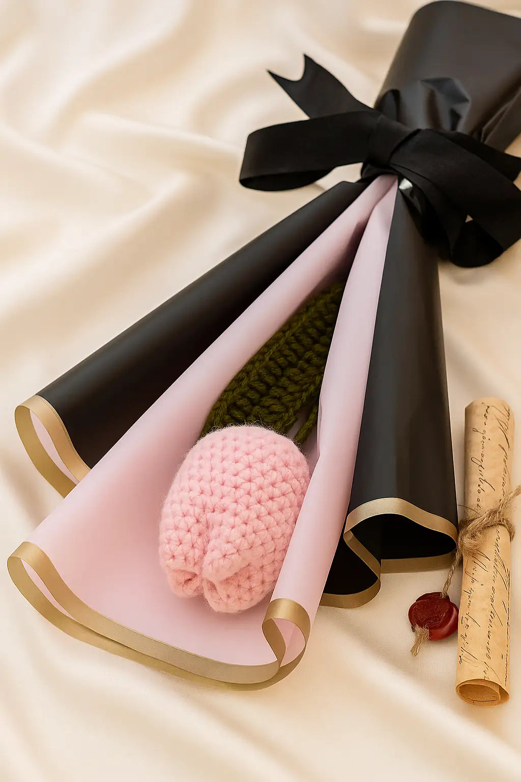 Pink knitted tulip with black and gold paper and a scroll on a beige fabric background