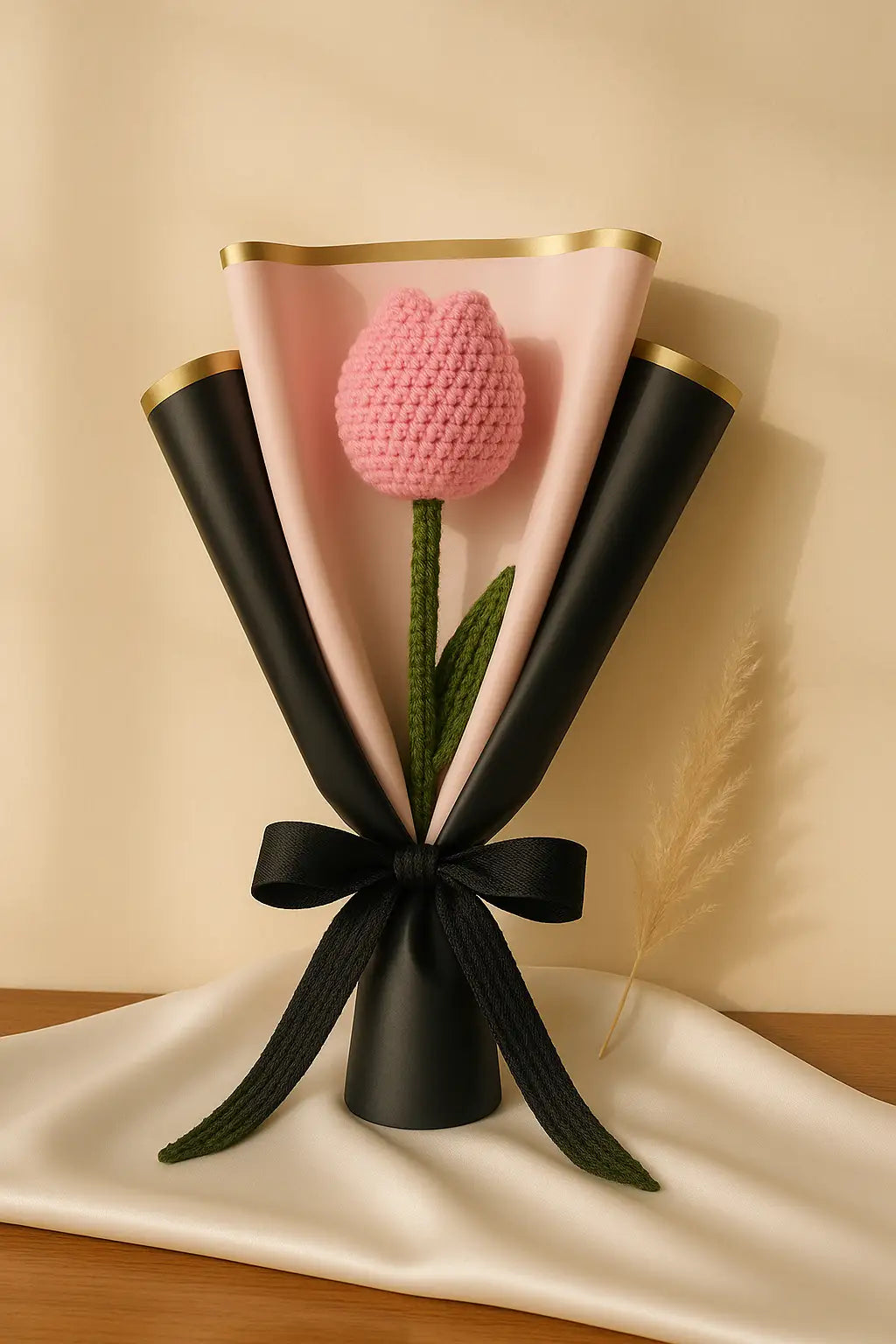 Pink crocheted tulip in a black and gold holder on a beige background