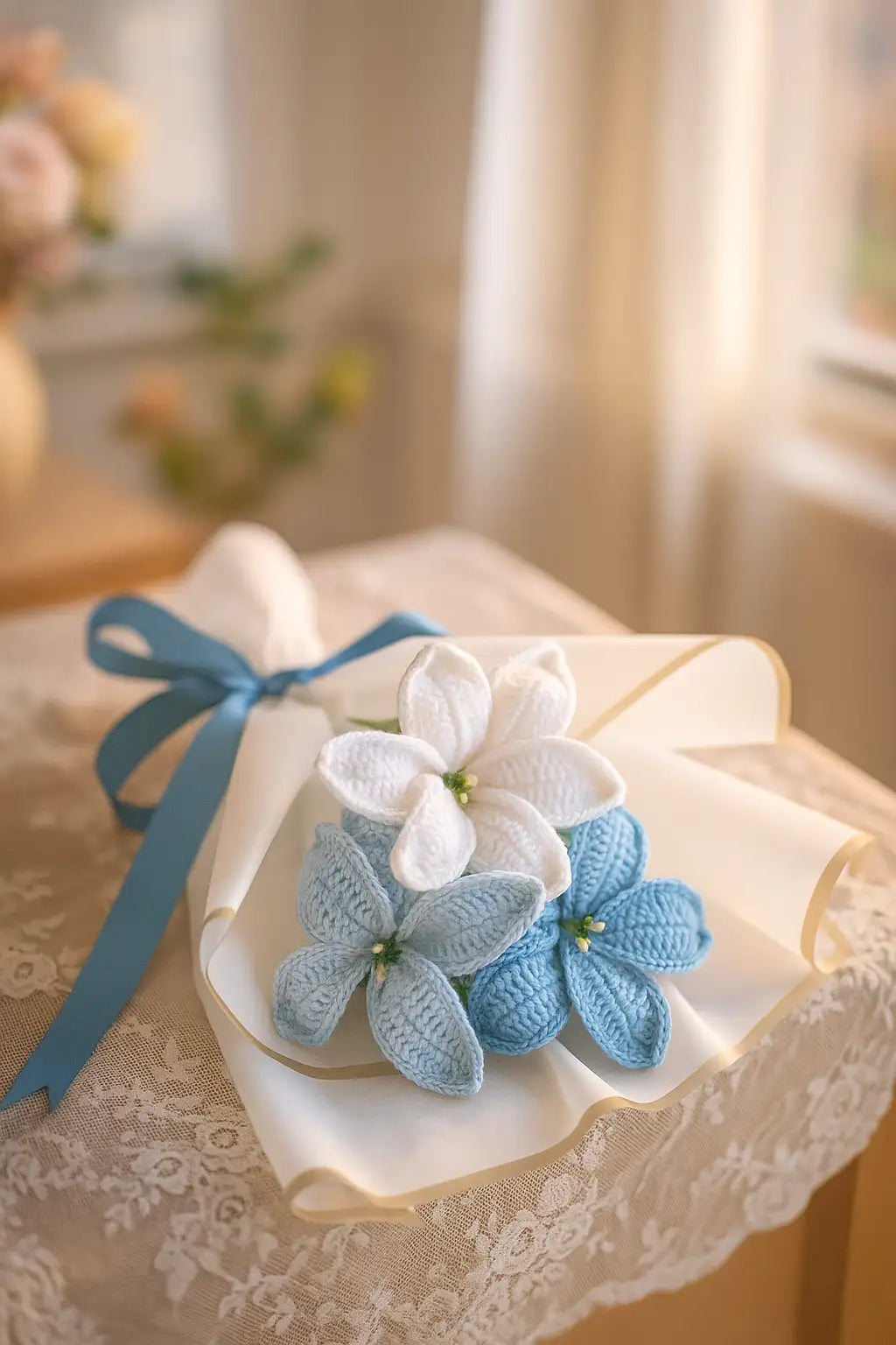 Three handcrafted crochet lilies — a bouquet of timeless grace and pure devotion.