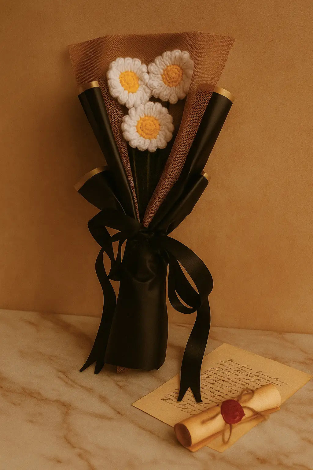 Handmade Crochet Daisy Bouquet with 3 White Blooms – Elegant, Long-Lasting Floral Gift for Home Décor and Special Occasions