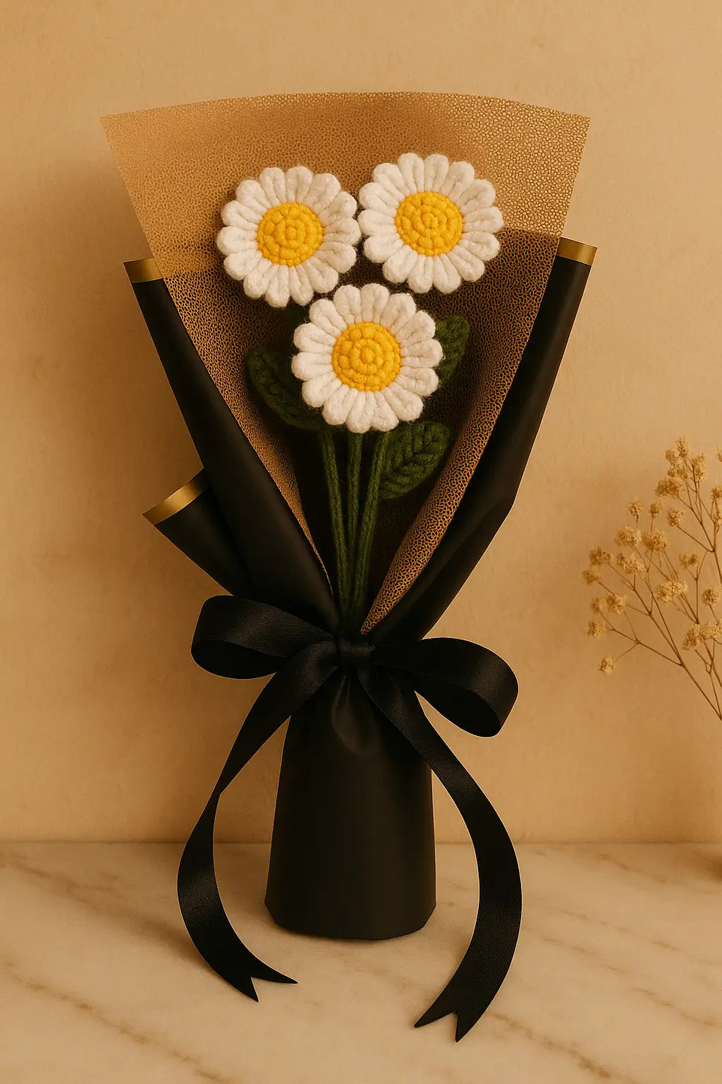 Handmade Crochet Daisy Bouquet with 3 White Blooms – Elegant, Long-Lasting Floral Gift for Home Décor and Special Occasions
