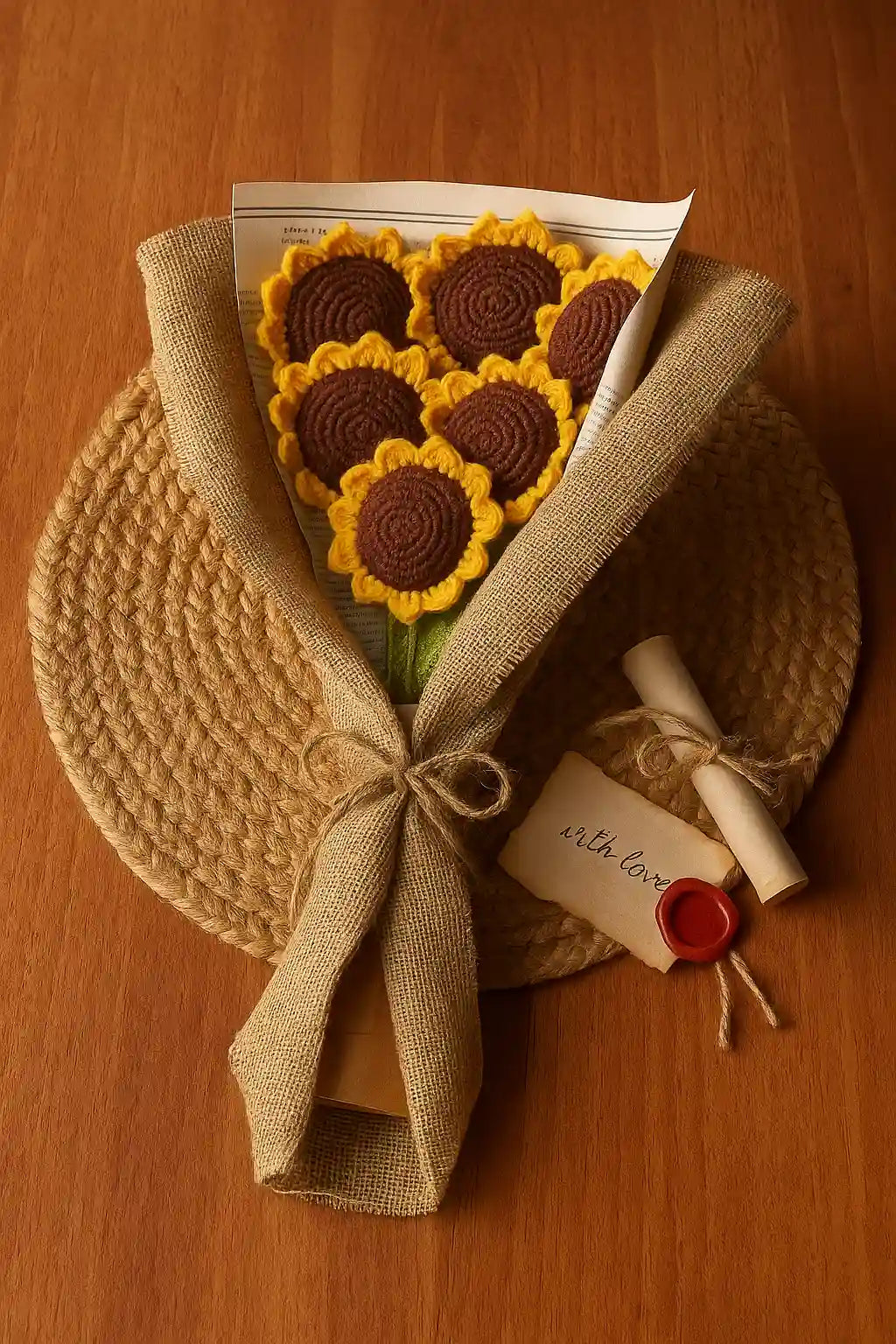 six sunflower crochet bouqet luxurious wrapped with burlap fabric