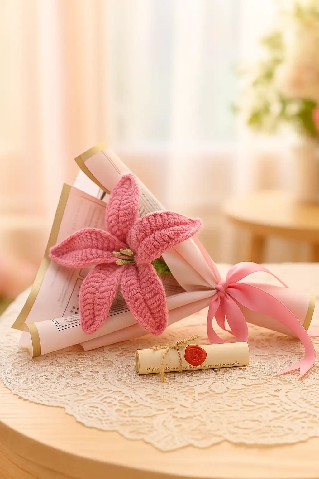 A single handcrafted crochet lily — a symbol of purity and timeless elegance.