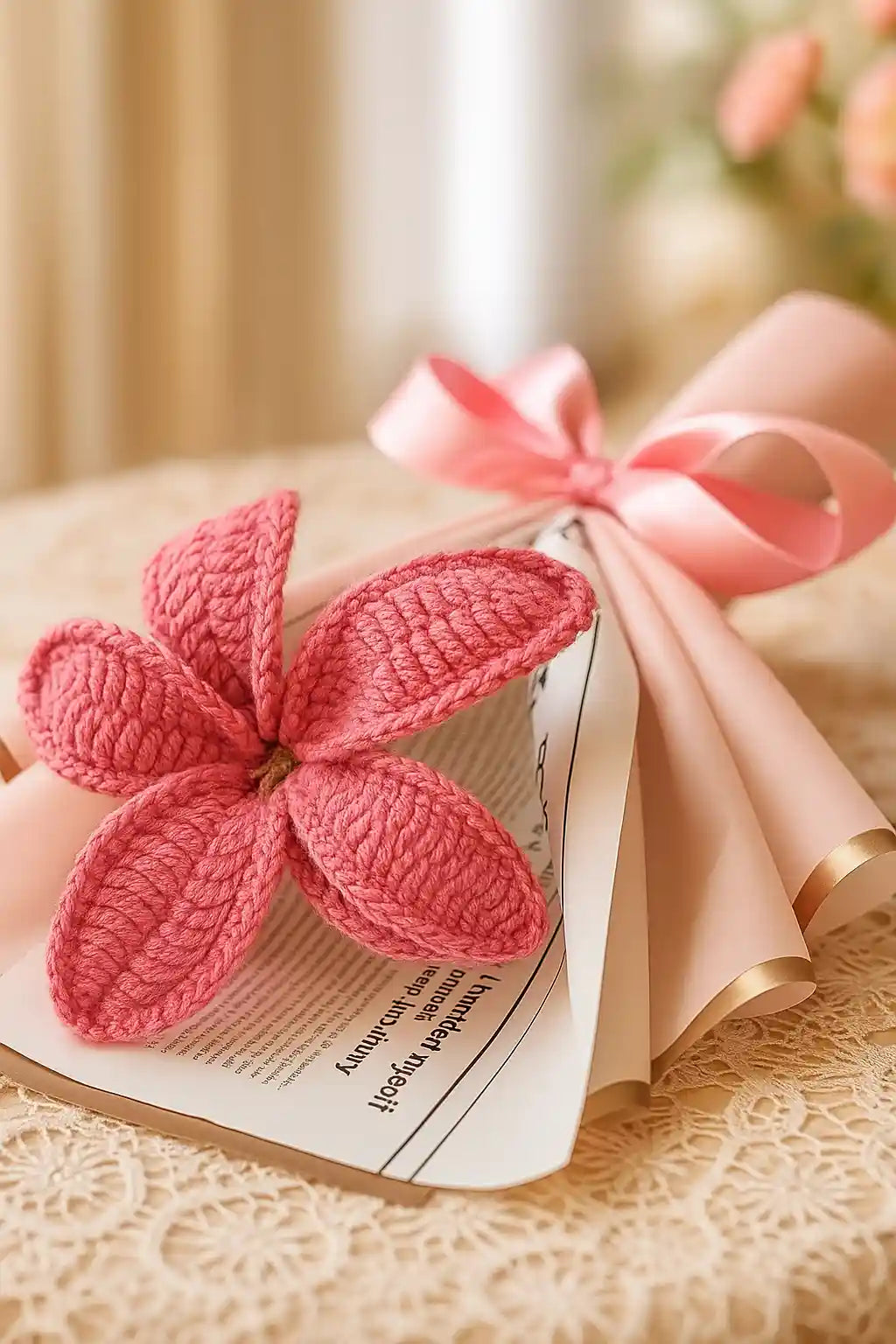 A single handcrafted crochet lily — a symbol of purity and timeless elegance.