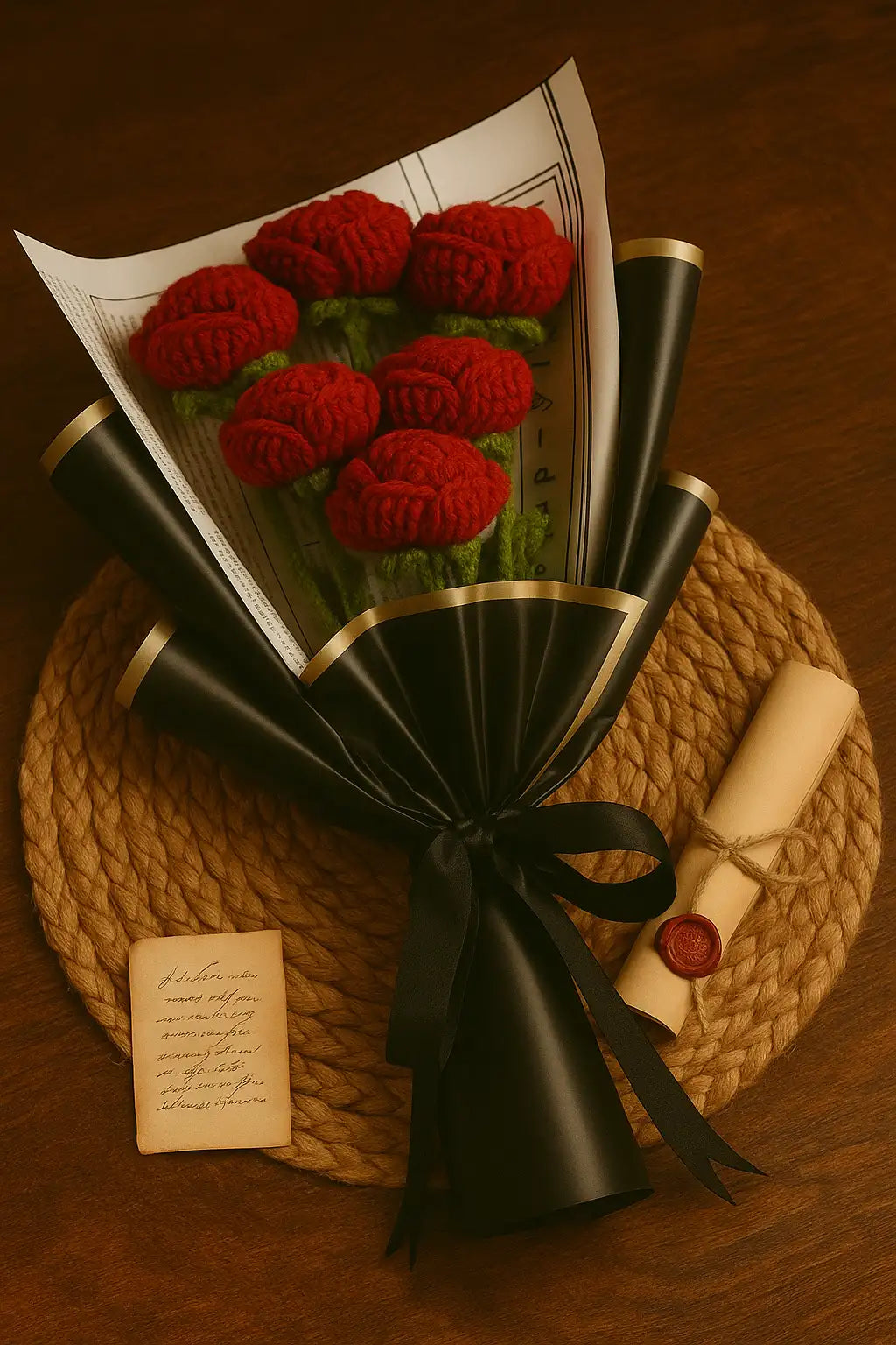 Luxurious handmade crochet bouquet with 6 red forever roses, a timeless gift symbolizing love and elegance.