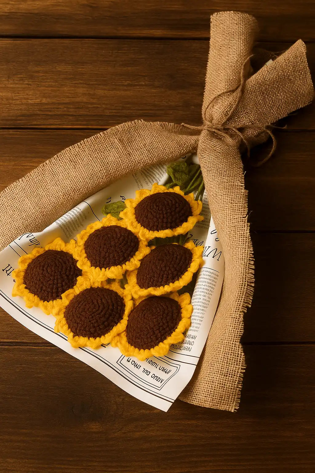 six sunflower crochet bouqet luxurious wrapped with burlap fabric