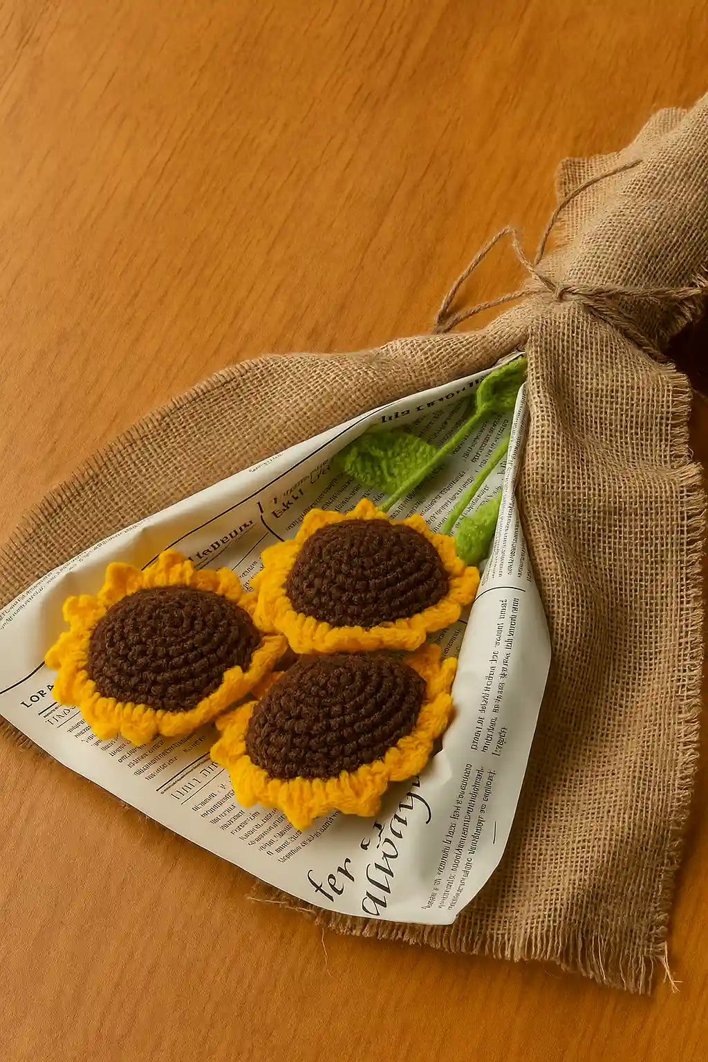 bouqet of three sunflower made of forever crochet wrapped in burlap high quality fabric.